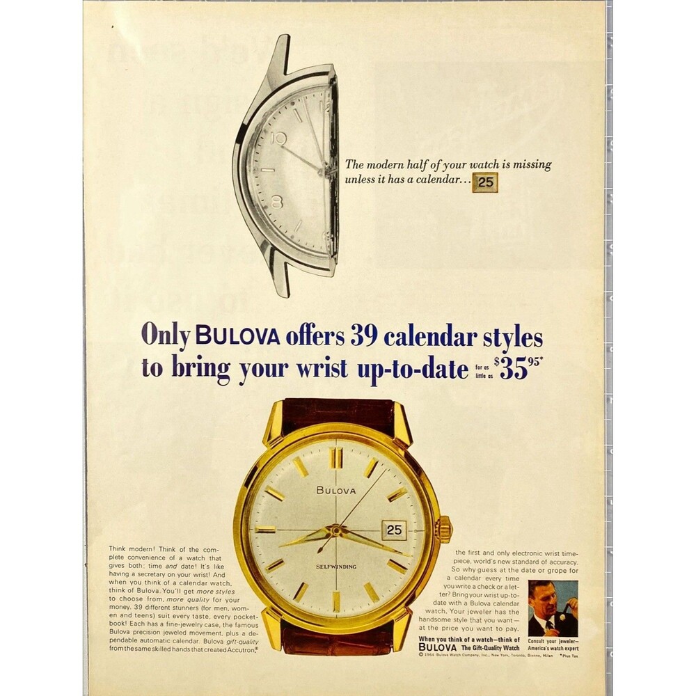 Bulova "offers 39 Calander styles of wristwatch" Vintage Print Ad 1964